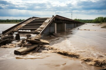 River bridge destroyed by water damage. Travel structure ruin destroy hole. Generate Ai