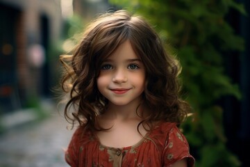 Portrait of beautiful little girl with long curly hair on the street