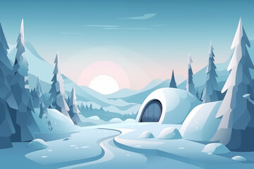 Arctic landscape with ice igloo flat style illustration. - obrazy, fototapety, plakaty