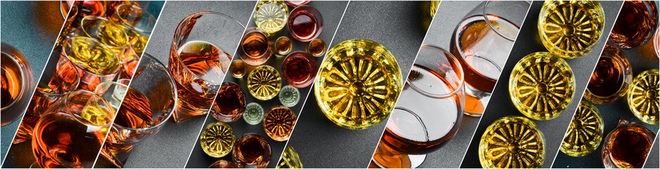 Collage. Different types of strong alcoholic beverages in glasses. On a black stone background.