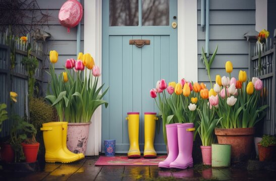 Spring easter outdoor flower design near door. Colorful nature style floral party. Generate Ai