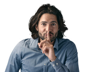 Whisper, secret and portrait of man with finger on lips for privacy on isolated, transparent or png...