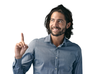 Thinking, smile and business man with hand pointing to news on isolated, transparent or png background. Questions, conclusion and male entrepreneur show announcement, hiring or sign up promotion info