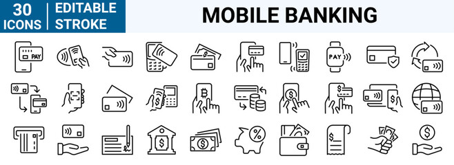 set of 30 line web icons Online, Mobile banking. Piggy Bank, Cash, Credit Cards, Money Bag, Currency Exchange, Coins and Paper Bills and others. Editable stroke.