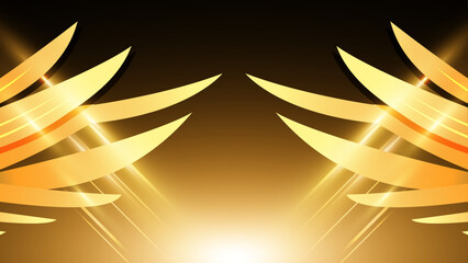 Abstract golden wings on black background, Gorgeous fantasy golden angle wings isolated