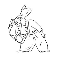 Aikido combat between athletes, stylized vector illustration