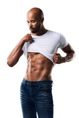 Fitness, fashion and man with tshirt for abs, muscle or body on isolated, transparent or png background. Wellness, goals or male bodybuilder with sixpack, shirt or removal for exercise health