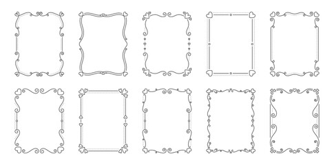 Vintage frame border divider text black line set. Cute heart valentine separator floral filigree rectangle greeting card restaurant menu wedding decor book cover pattern framework template isolated