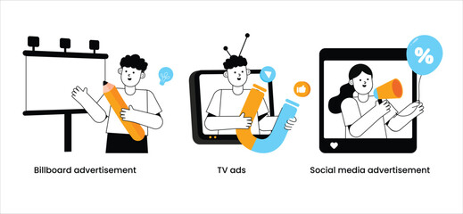 Advertisement Illustrations with billboard advertisement, tv ads and social media marketing. vector illustration