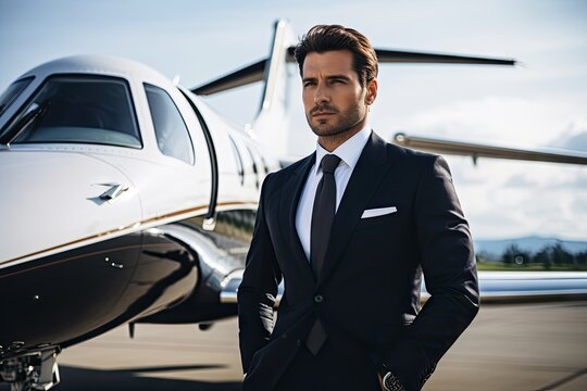 Businessman Standing Near Private Jet, Private Airplane, Small Aircraft, Rich Businessman Travel