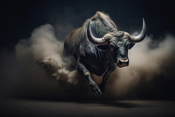 Majestic black bull running in the clouds of dust, stunning illustration, dark background