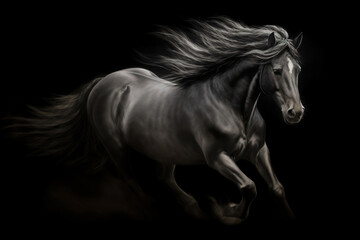 Gorgeous horse with long flowing mane on the run, stunning illustration, dark background