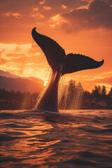 Whale's tail over the water surface at sunset, stunning ai
