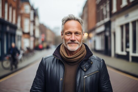 Portrait of a handsome senior man with a grey beard wearing a black leather jacket and a brown scarf.