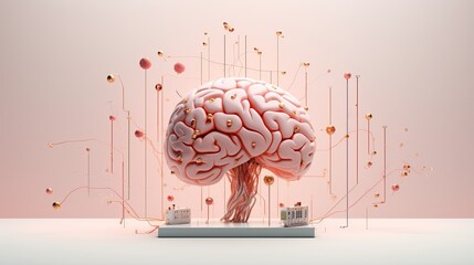 Futuristic Concept of a Pink Brain Connected to Copper Wires and Flowers on a White Pedestal - obrazy, fototapety, plakaty