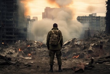 Obraz premium man looks at the rubble in the city