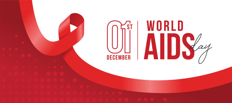 world aids day - text on half white and red background with red ribbon sign vector design