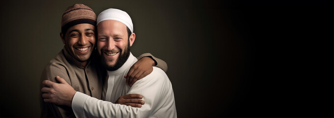 Obraz premium Two muslim man hugging and smiling. Eid mubarak concept. Islam friends or business parnerts embracing each other. Arabic men having warm meeting