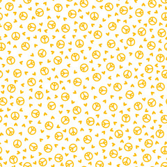 Seamless pattern with yellow peace signs and hearts