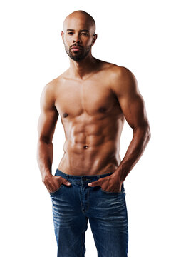 Body, chest and portrait of man in jeans on isolated, transparent and png background. Exercise, fitness goals and athletic male model show abs, muscle or bodybuilding results, sixpack or topless