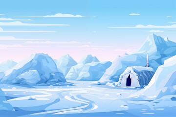 Arctic landscape with ice igloo flat style illustration. - obrazy, fototapety, plakaty