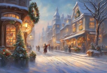 Snow-covered street, Christmas holiday wreaths, lamppost ribbons, shoppers bustling, joyous atmosphere, clear winter day,  crisp sunlight, postcard effect