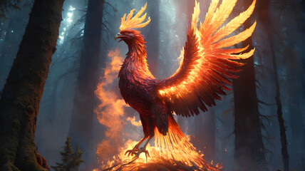 Fototapeta premium gigantic fiery phoenix. blazing wings light up the skies with majestic rebirth, generative AI
