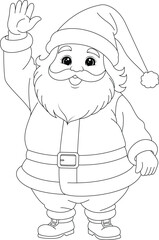Coloring page chubby Santa Claus waving cheerfully.