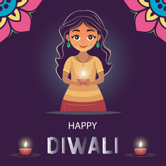 Happy Diwali Background Vector Illustration with Cartoon girl holding oil lamp Flat Design, Deepavali greeting card , Diya Deepawali wishes poster with oil lamps, Social Media Post Template