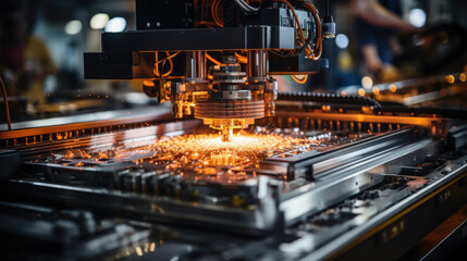 CNC Laser cutting of metal, modern industrial technology Making Industrial Details. The laser optics and CNC (computer numerical control) are used to direct the material or the laser beam generated.
