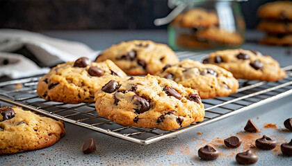 Freshly baked chocolate chip cookies on a rack to cool