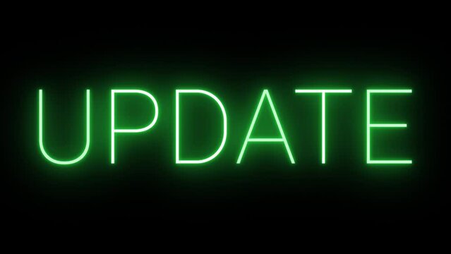 Flickering neon green glowing update sign animated black background	