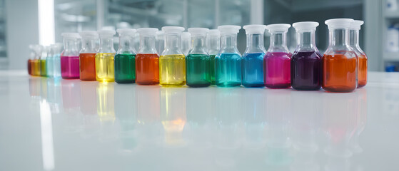 vibrant vials of colorful reagents in a research laboratory. mesmerizing chemical reactions, generative AI