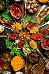Colorful herbs and spices in spoons for cooking. Indian spices. On the background of black stone. Top view. - obrazy, fototapety, plakaty