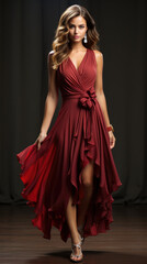 Fashion Model in luxury long Dress. Elegant Woman with Curly Long Hair Hairstyle in Evening Gown with Slit showing Leg.