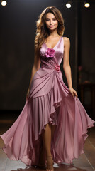 Fototapeta premium Fashion Model in luxury long Dress. Elegant Woman with Curly Long Hair Hairstyle in Evening Gown with Slit showing Leg.