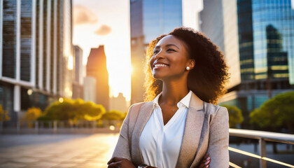 Ambitious Black Businesswoman Standing in Skyscraper City at Sunset, Dreaming of New Investment Opportunities - obrazy, fototapety, plakaty
