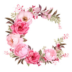 Pink floral frame with peony, rose, hydrangea. Wreath Wedding, Copy Space. Generative AI