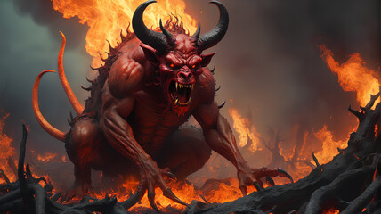 hellish creature: a demonic or devilish figure in hell, generative AI. - obrazy, fototapety, plakaty
