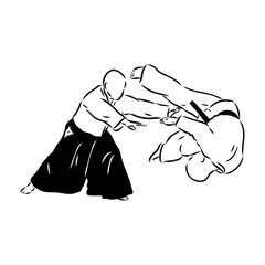 Aikido combat between athletes, stylized vector illustration