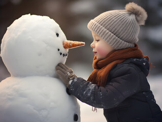 A child in winter clothes affectionately touches the nose of a snowman in a snowy winter landscape. Generative AI