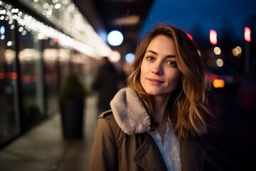 Portrait of a beautiful woman in the city at night. Blurred background