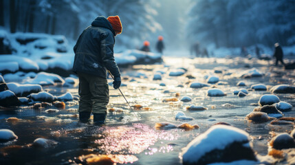 People fishing, winter sports.