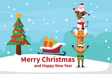 Winter christmas tree with santa claus and team  illustration design element for invitation card, party, new year's,