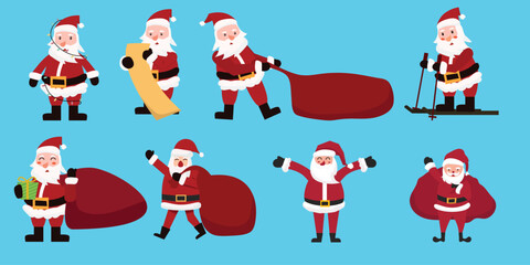 Collection of Christmas Santa Claus. Set of funny cartoon characters Vector illustration isolated	