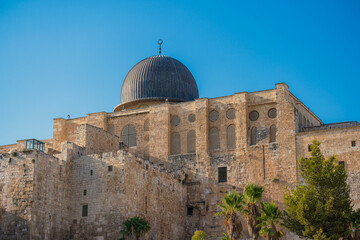 View of the historic Al-Aqsa mosque in al-haram al-Sharif, Jerusalem Old City