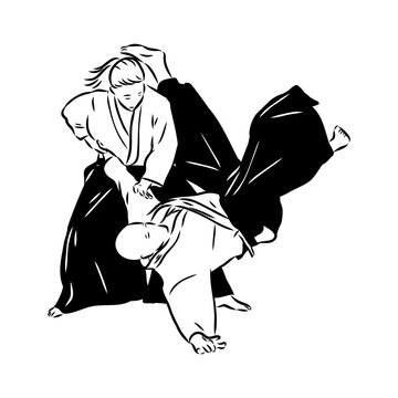 Aikido combat between athletes, stylized vector illustration