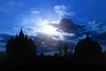 Morning sun creating silhouette of Plaosan temple, Klaten Yogyakarta Indonesia