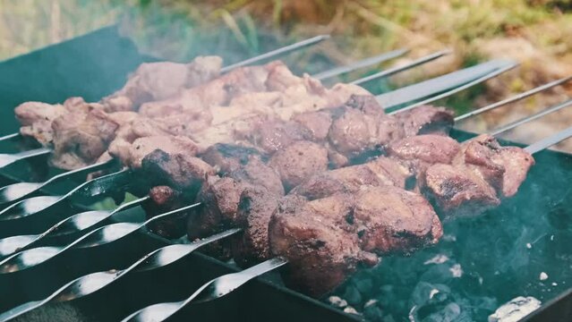 Shish kebabs on skewers are cooked on the grill in nature outdoors. Roasted juicy pork meat is fried on metal skewers on the BBQ, closeup. Barbecue, shashlik on charcoal with smoke at a summer picnic.