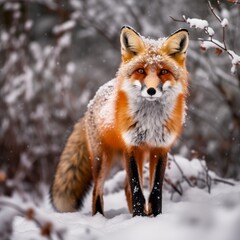 Red fox Vulpes vulpes on winter forest meadow in snowfa